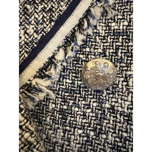 Veronica Beard Theron Tweed Fringe Navy White Frayed Trim Career Blazer Size 12 - Picture 9 of 9